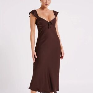 MESHKI NEW *Flaw Chantal Short Sleeve Satin Midi Dress XL Dark Chocolate Wedding